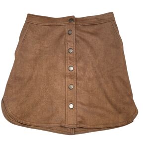 Brown Faux Suede Snap Front Mini Skirt With Side Pockets Size 3